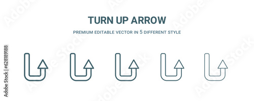 turn up arrow icon in 5 different style. Thin, light, regular, bold, black turn up arrow icon isolated on white background.