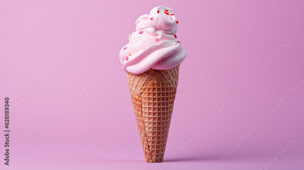 Ice Cream, Chocolate, vanilla and strawberry Ice cream in the cone on pink background. Generative Ai Ice Cream, Chocolate, vanilla and strawberry Ice cream in the cone on pink background. Generative Ai