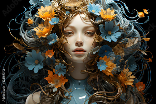 Beautiful woman in a wreath of bright blue flowers. generated AI