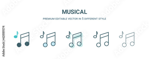 musical icon in 5 different style. Outline, filled, two color, thin musical icon isolated on white background. Editable vector can be used web and mobile