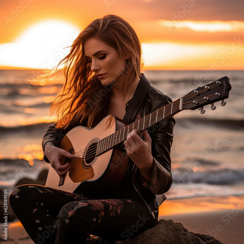 young girl playing guitar on sunset beach