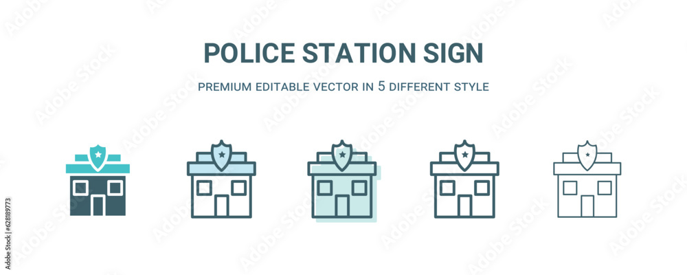 police station sign icon in 5 different style. Outline, filled, two color, thin police station sign icon isolated on white background. Editable vector can be used web and mobile