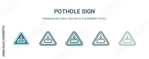 pothole sign icon in 5 different style. Outline, filled, two color, thin pothole sign icon isolated on white background. Editable vector can be used web and mobile