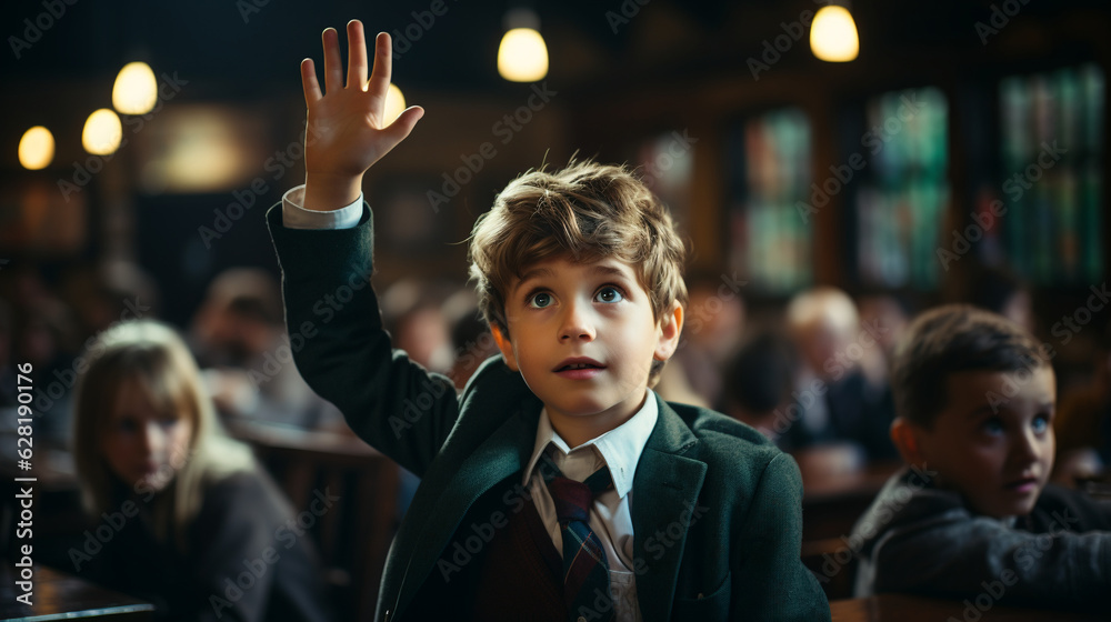School boy put on his hand in classroom. Generative AI School boy put on his hand in classroom. Generative AI