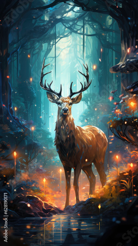 A painting of a deer standing in a forest.