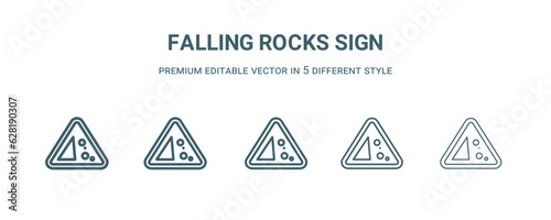 falling rocks sign icon in 5 different style. Thin, light, regular, bold, black falling rocks sign icon isolated on white background.