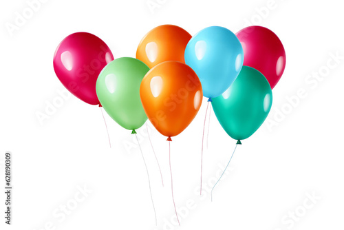 Orange green blue red balloons isolated on a transparent background , generative ai