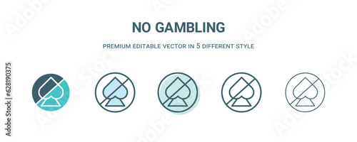 no gambling icon in 5 different style. Outline, filled, two color, thin no gambling icon isolated on white background. Editable vector can be used web and mobile