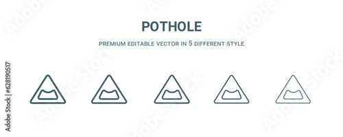 pothole icon in 5 different style. Thin, light, regular, bold, black pothole icon isolated on white background.