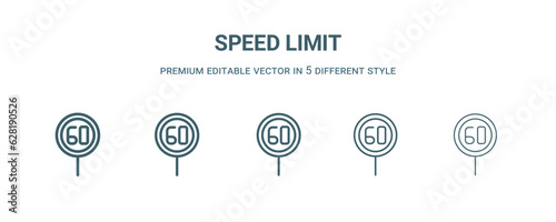 speed limit icon in 5 different style. Thin, light, regular, bold, black speed limit icon isolated on white background.