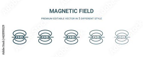 magnetic field icon in 5 different style. Thin, light, regular, bold, black magnetic field icon isolated on white background.