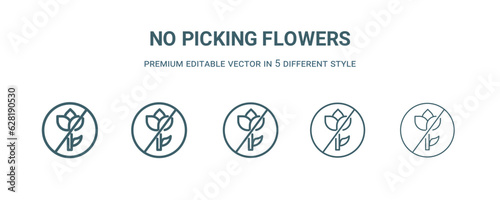 no picking flowers icon in 5 different style. Thin, light, regular, bold, black no picking flowers icon isolated on white background.