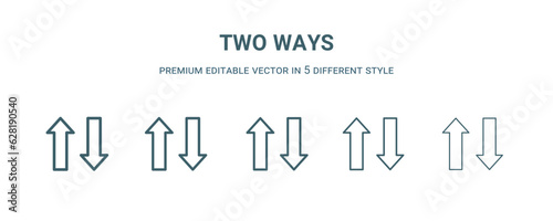 two ways icon in 5 different style. Thin, light, regular, bold, black two ways icon isolated on white background.