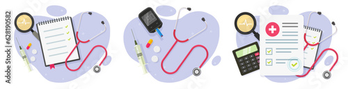 Healthcare medical insurance table desk top view vector flat graphic, hospital clinic office doctor desktop above illustration, health care check up form, pharmacy research paper document image