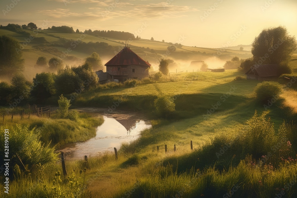 Beautiful landscape countryside with green meadow on the hill Created with Generative AI technology. Beautiful landscape countryside with green meadow on the hill Created with Generative AI technology.