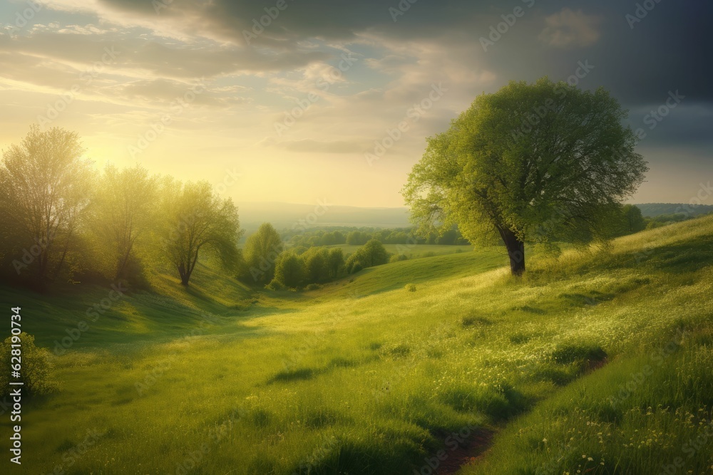 Beautiful landscape countryside with green meadow on the hill Created with Generative AI technology.