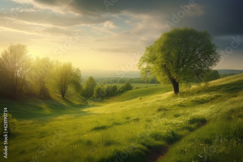 Beautiful landscape countryside with green meadow on the hill Created with Generative AI technology.