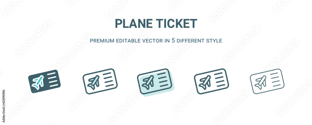 plane ticket icon in 5 different style. Outline, filled, two color, thin plane ticket icon isolated on white background. Editable vector can be used web and mobile