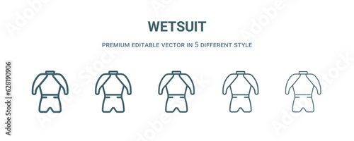 wetsuit icon in 5 different style. Thin, light, regular, bold, black wetsuit icon isolated on white background.