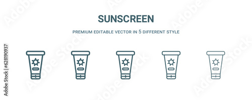 sunscreen icon in 5 different style. Thin, light, regular, bold, black sunscreen icon isolated on white background.