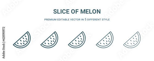 slice of melon icon in 5 different style. Thin, light, regular, bold, black slice of melon icon isolated on white background.