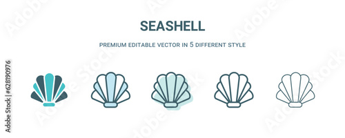 seashell icon in 5 different style. Outline, filled, two color, thin seashell icon isolated on white background. Editable vector can be used web and mobile