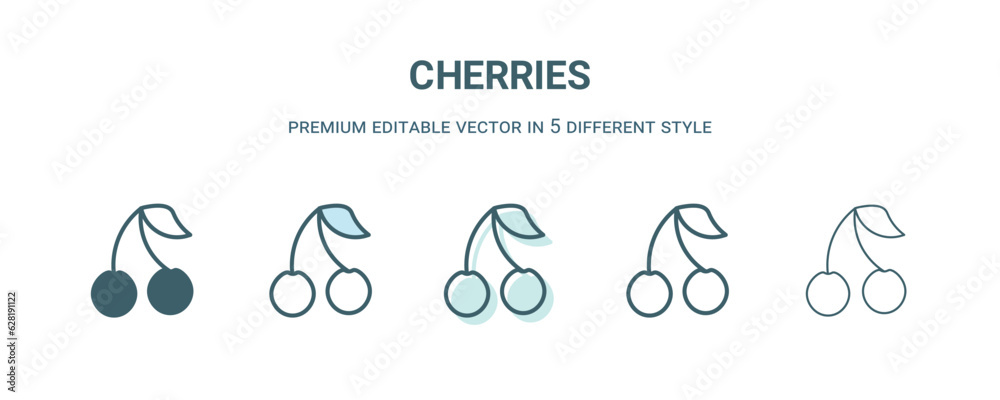 cherries icon in 5 different style. Outline, filled, two color, thin cherries icon isolated on white background. Editable vector can be used web and mobile cherries icon in 5 different style. Outline, filled, two color, thin cherries icon isolated on white background. Editable vector can be used web and mobile