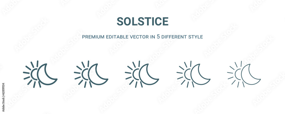 solstice icon in 5 different style. Thin, light, regular, bold, black solstice icon isolated on white background.