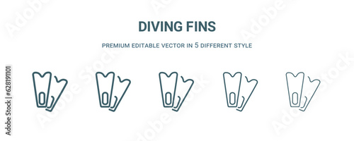 diving fins icon in 5 different style. Thin  light  regular  bold  black diving fins icon isolated on white background.