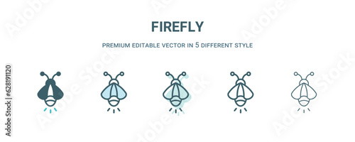firefly icon in 5 different style. Outline, filled, two color, thin firefly icon isolated on white background. Editable vector can be used web and mobile