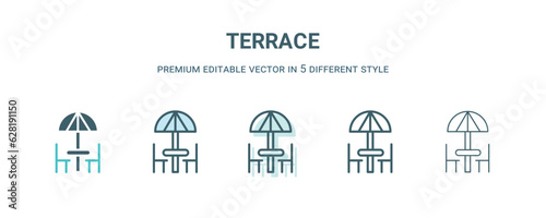 terrace icon in 5 different style. Outline, filled, two color, thin terrace icon isolated on white background. Editable vector can be used web and mobile