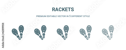 rackets icon in 5 different style. Thin, light, regular, bold, black rackets icon isolated on white background.