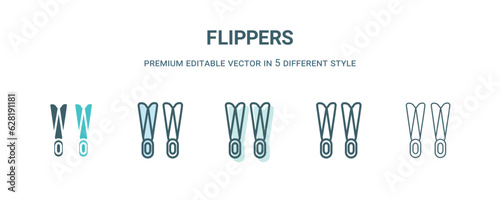 flippers icon in 5 different style. Outline  filled  two color  thin flippers icon isolated on white background. Editable vector can be used web and mobile