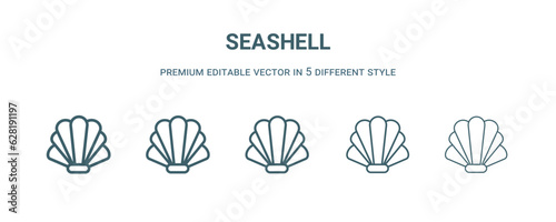 seashell icon in 5 different style. Thin, light, regular, bold, black seashell icon isolated on white background.