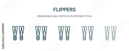 flippers icon in 5 different style. Thin, light, regular, bold, black flippers icon isolated on white background.