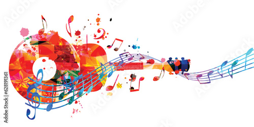 Playful music background with abstract guitar, LP record and musical notes for banner, card, invitation, poster... Vector illustration for live concert events, music festivals and shows. Party flyer	