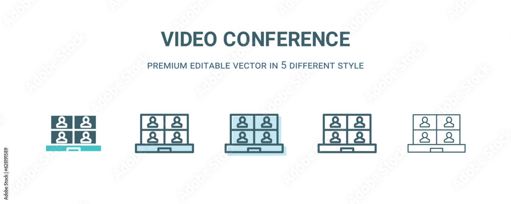 video conference icon in 5 different style. Outline, filled, two color, thin video conference icon isolated on white background. Editable vector can be used web and mobile