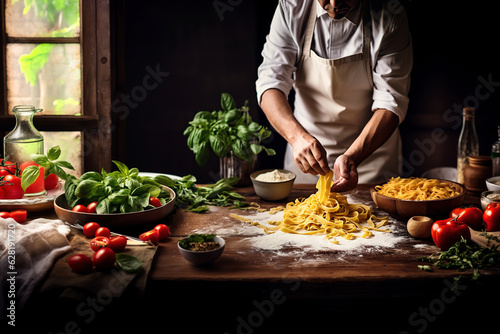 Man cooking pasta on a large wooden table
