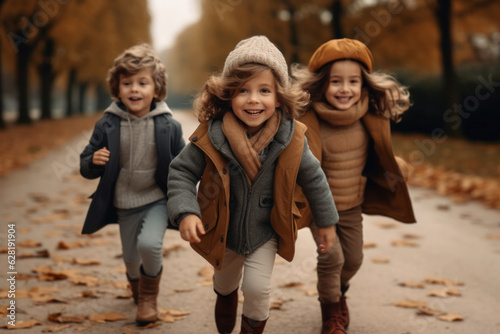 Children in the park. Games in the autumn park. Happy childhood. Friendship. Generative AI © Roxy jr.