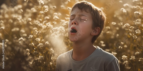 hay fever, Allergy Symptoms, Sneezing and Sniffling, Using a Handkerchief to Relieve Irritated Eyes from Dust Spray, Amidst Sun-Kissed Ambiance with Lively Facial Expressions of Seasonal Allergies © Ben