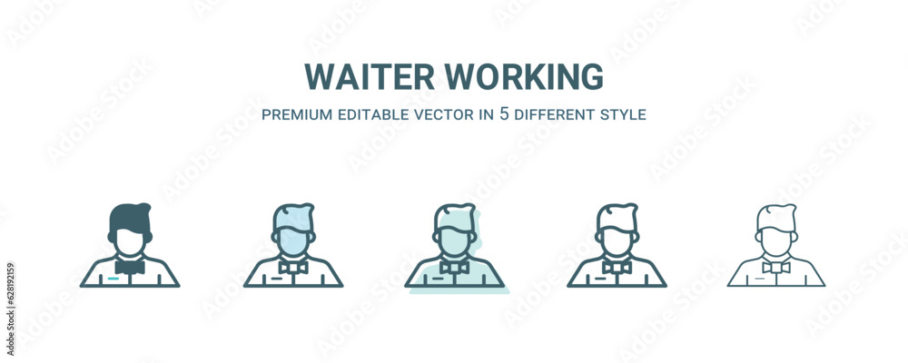 waiter working icon in 5 different style. Outline, filled, two color, thin waiter working icon isolated on white background. Editable vector can be used web and mobile waiter working icon in 5 different style. Outline, filled, two color, thin waiter working icon isolated on white background. Editable vector can be used web and mobile