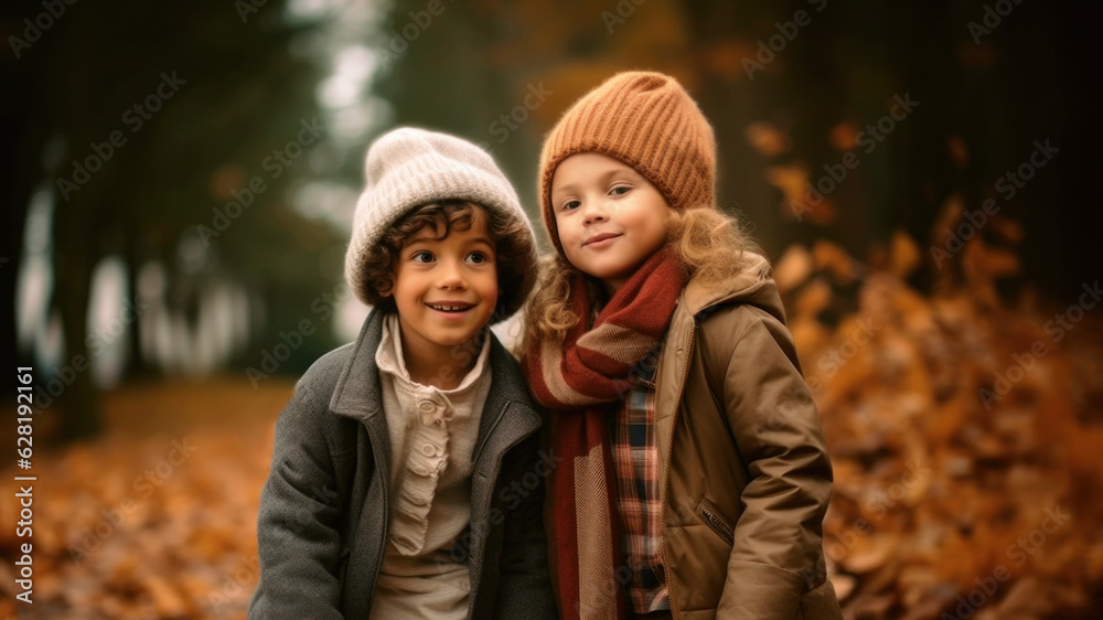 Children in the park. Games in the autumn park. Happy childhood. Friendship. Generative AI Children in the park. Games in the autumn park. Happy childhood. Friendship. Generative AI