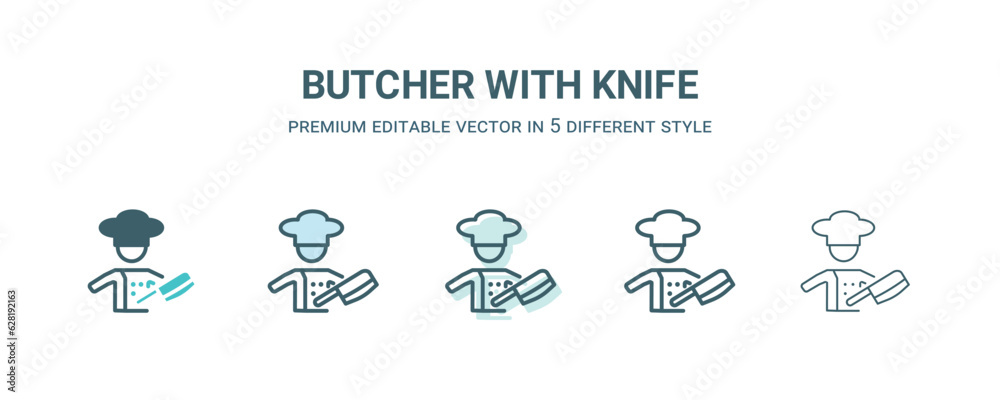 butcher with knife icon in 5 different style. Outline, filled, two color, thin butcher with knife icon isolated on white background. Editable vector can be used web and mobile