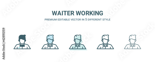 waiter working icon in 5 different style. Outline  filled  two color  thin waiter working icon isolated on white background. Editable vector can be used web and mobile