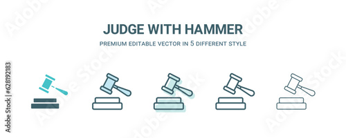 judge with hammer icon in 5 different style. Outline, filled, two color, thin judge with hammer icon isolated on white background. Editable vector can be used web and mobile