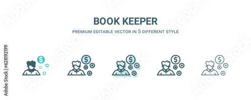 book keeper icon in 5 different style. Outline, filled, two color, thin book keeper icon isolated on white background. Editable vector can be used web and mobile