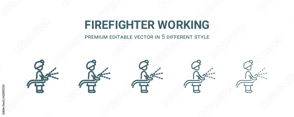 firefighter working icon in 5 different style. Thin, light, regular, bold, black firefighter working icon isolated on white background. firefighter working icon in 5 different style. Thin, light, regular, bold, black firefighter working icon isolated on white background.