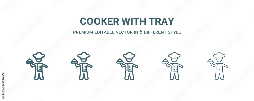 cooker with tray icon in 5 different style. Thin, light, regular, bold, black cooker with tray icon isolated on white background.