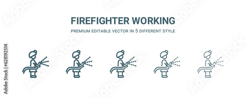 firefighter working icon in 5 different style. Thin, light, regular, bold, black firefighter working icon isolated on white background.
