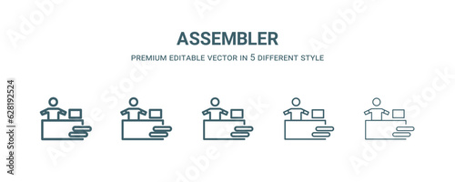 assembler icon in 5 different style. Thin, light, regular, bold, black assembler icon isolated on white background.